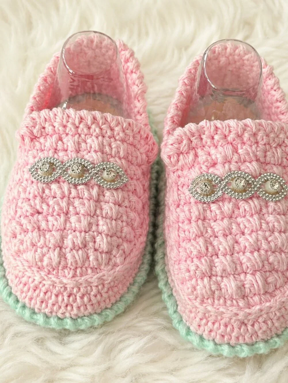 Handmade Crochet Baby Booties Pink Mint Soft Newborn Slippers 13cm